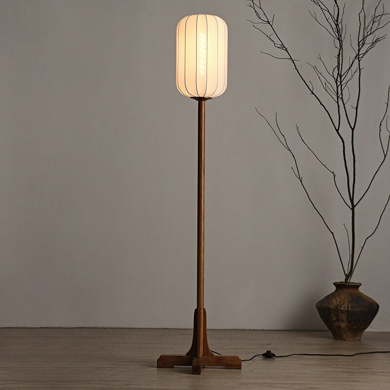 Japanese Zen Rosewood Base Silk Lantern Shade 1-Light Standing